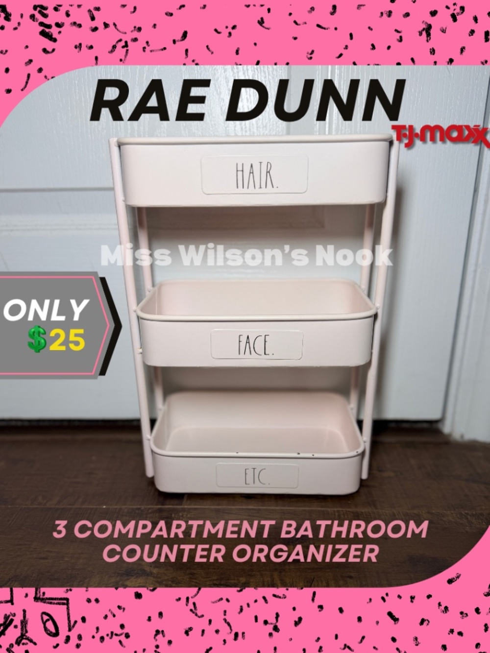 Rae Dunn Pink 3‑Compartment Organizer | HAIR / FACE / ETC | Bathroom Vanity